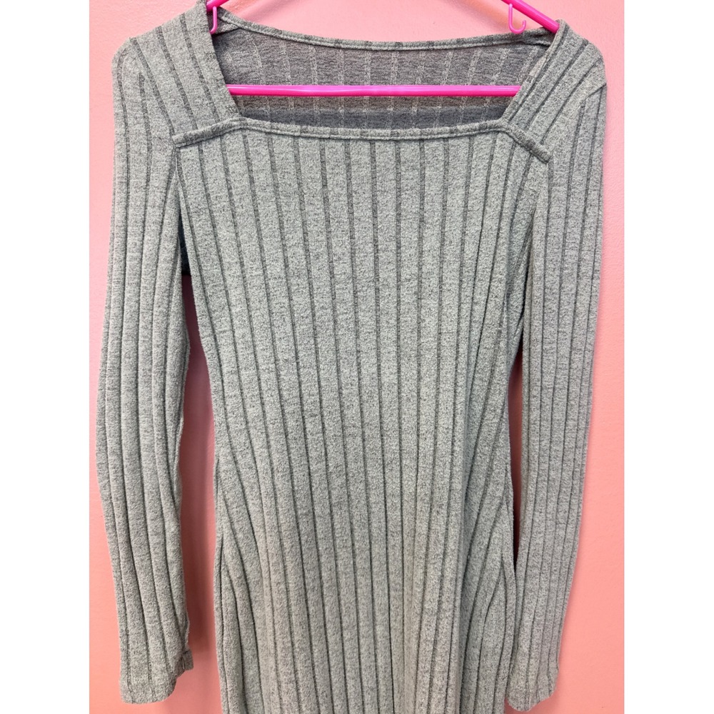 SHEIN Sage Green Ribbed Knit Square Neck Long Sleeve Bodycon Midi Dress Size 6 M